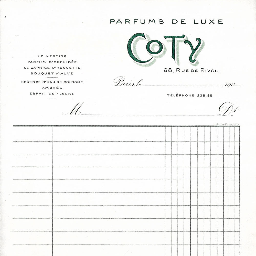 Coty - Facture de la maison de parfums de luxe, 68 Rue de Rivoli à Paris (1900s)