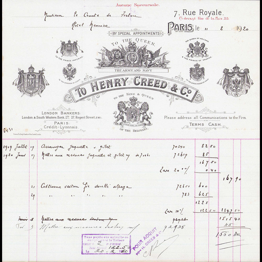 Creed - Facture du tailleur 7 rue Royale à Paris (1920)