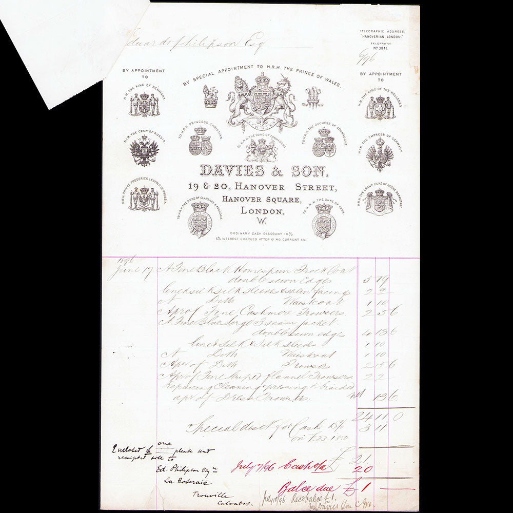 Davies & Sons - Facture du tailleur, 19-20 Hanover Street, London (1896)
