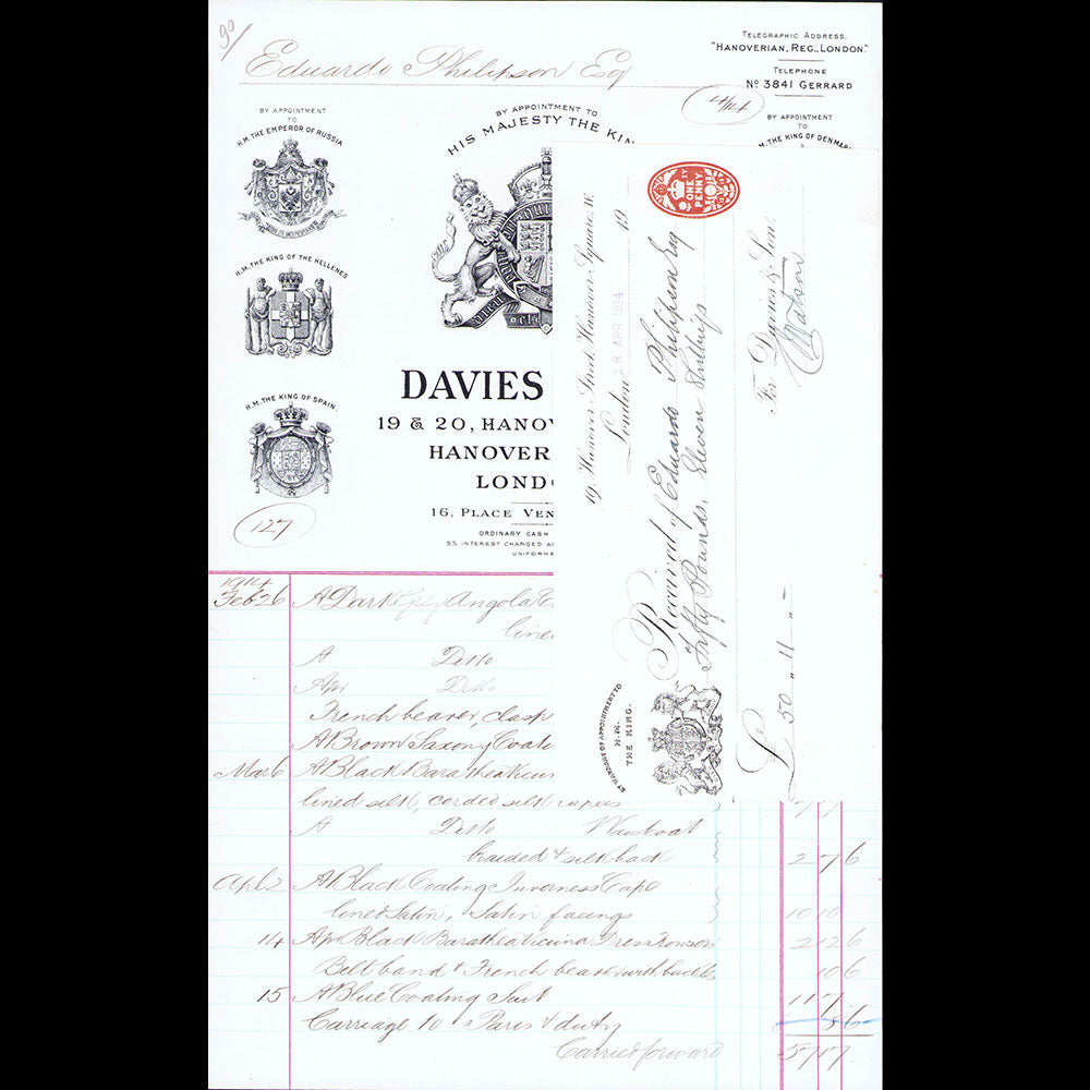 Davies & Sons - Facture du tailleur, 19-20 Hanover Street, London (1896)