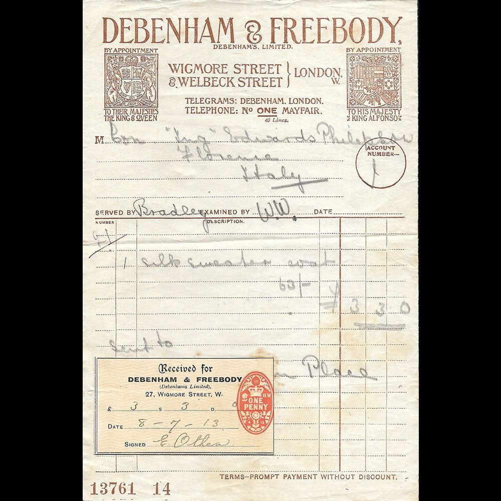 Debenham & Freebody - Facture du magasin, Wigmore Street, London (1913)