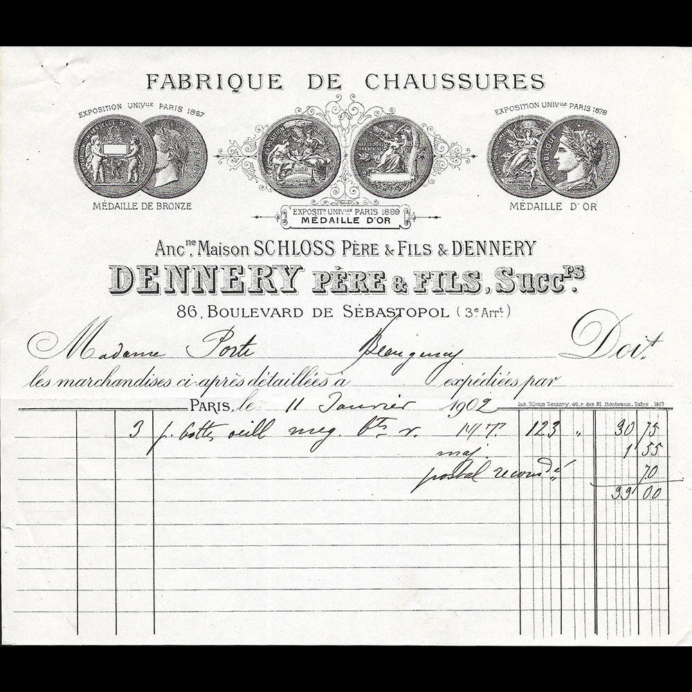 Dennery Père & Fils - Facture de la fabrique de chaussures, 2 boulevard Sebastopol à Paris (1902)