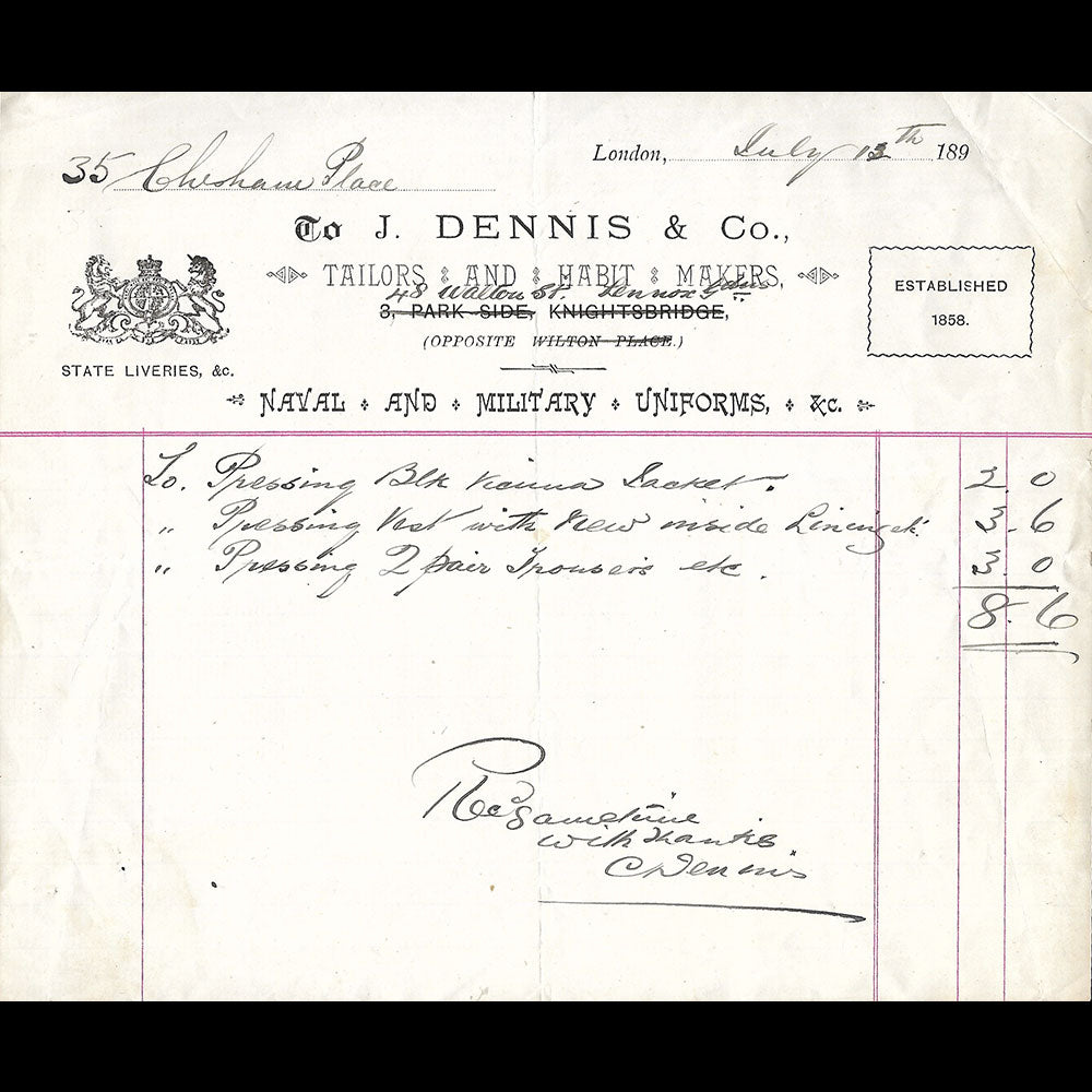 J. Dennis & Co - Facture du tailleur, 48 Walton Street, London (1890s)