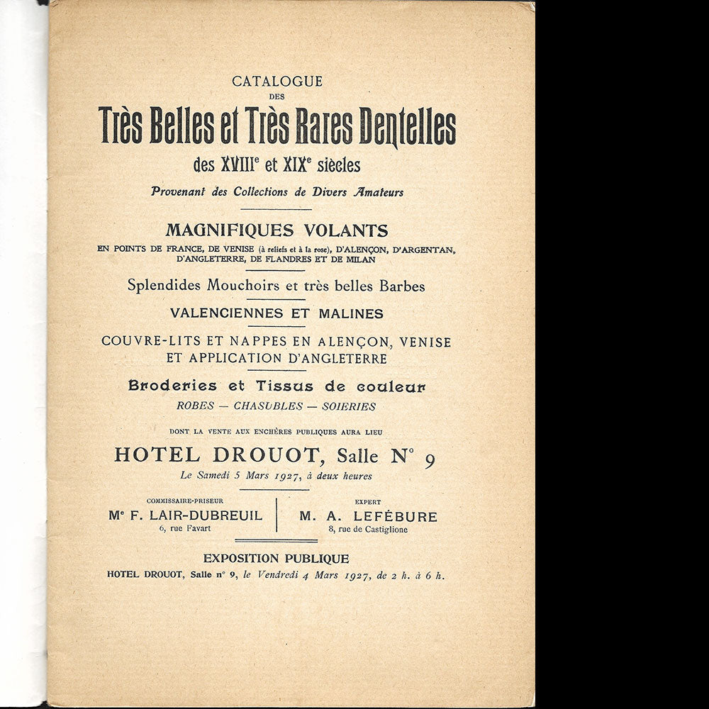 Très belles et rares dentelles anciennes - Catalogue de vente (1927)