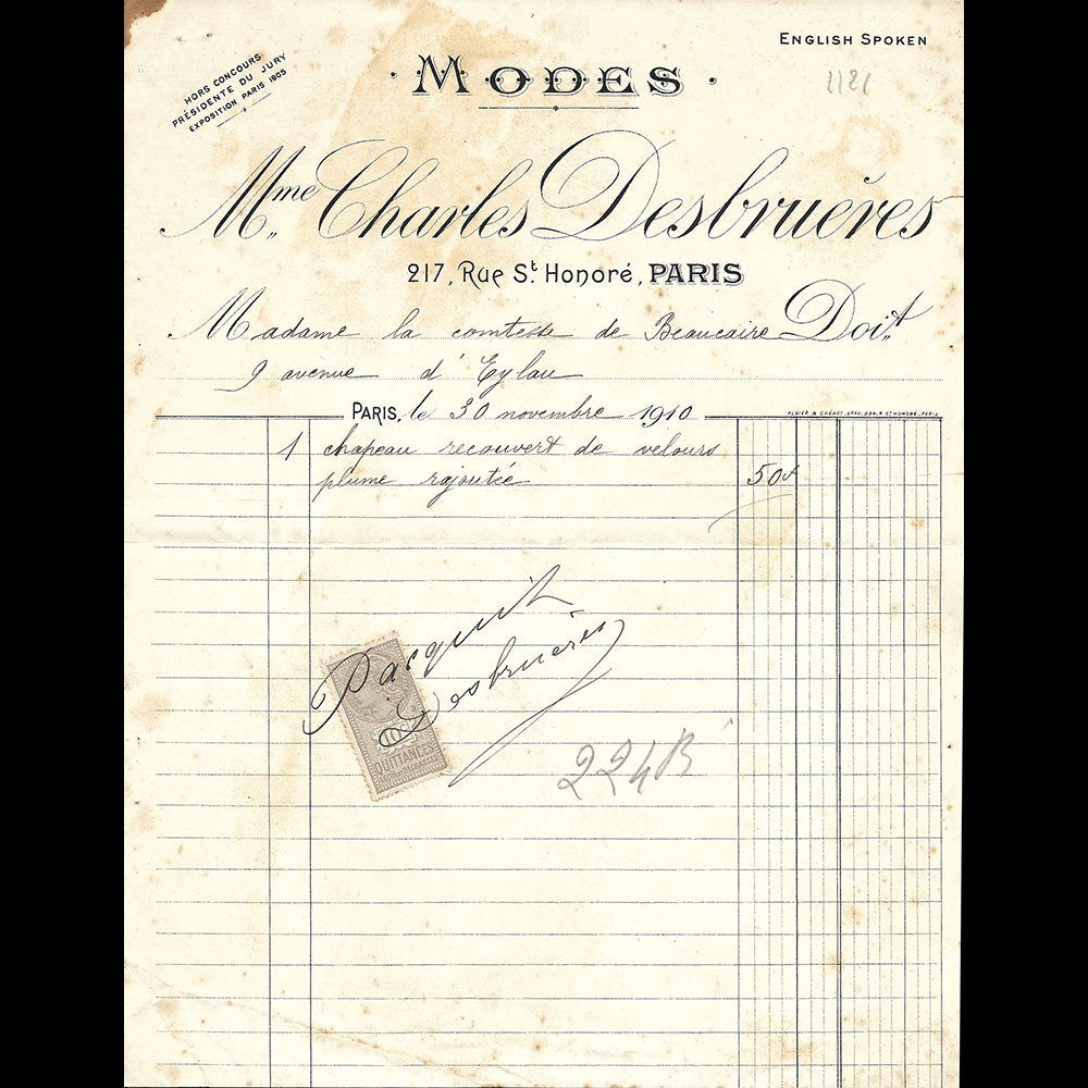 Madame Charles Desbrueres - Facture de la maison de chapeaux, 217 rue Saint-Honoré à Paris (1910)