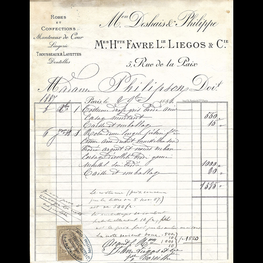 Deshais & Philippe - Facture de la maison de couture, 5 rue de la Paix à Paris (1887)