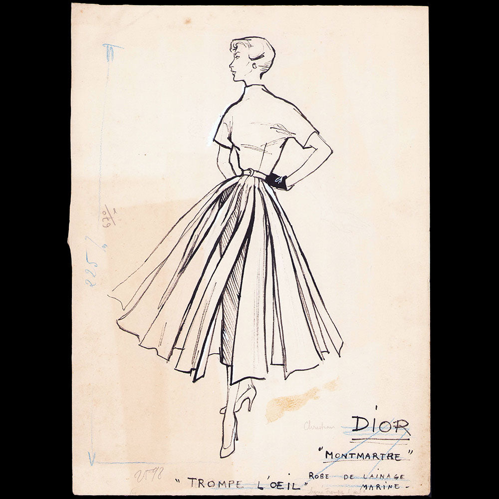 Rose Gouret - Dessin de la Robe Montmartre, ligne Trompe l'oeil de Christian Dior (1949)