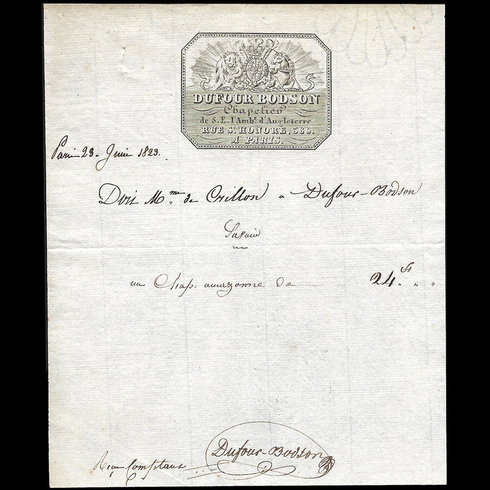 Dufour Bodson - Facture du chapelier, 585 rue St-Honoré à Paris (1823)