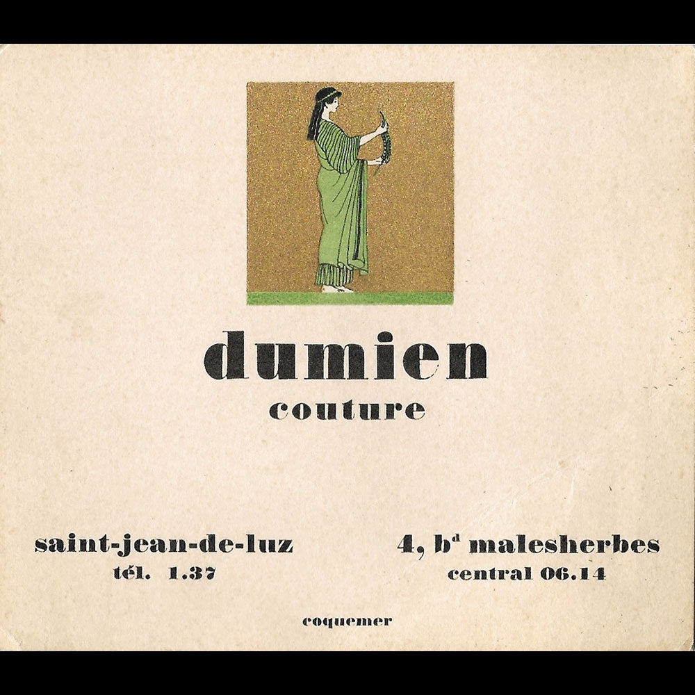 Dumien - Carte de la maison de couture, 4 boulevard Malesherbes à Paris (1920s)