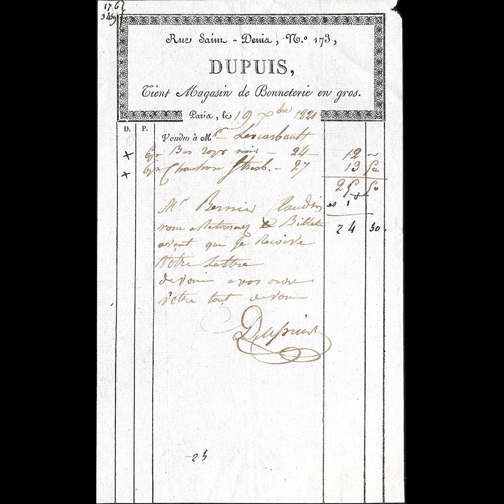 Dupuis - Facture du magasin de bonneterie, 173 rue Saint-Denis à Paris (1821)