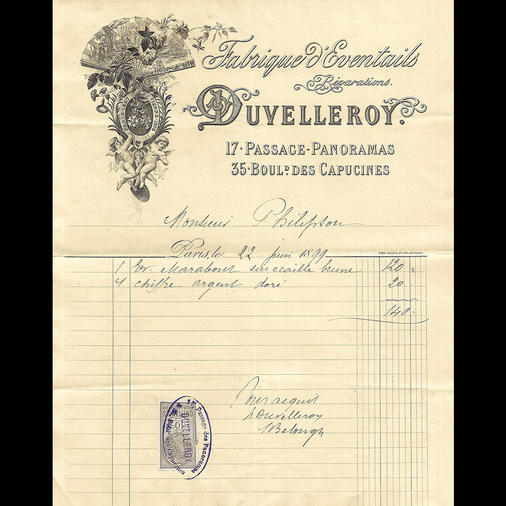 Duvelleroy - Facture de la fabrique d'éventails, passage des panoramas à Paris (1899)