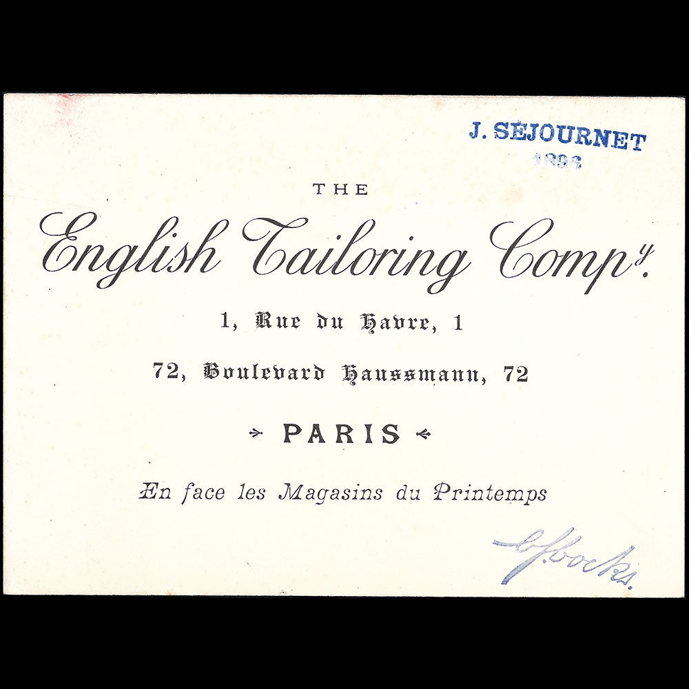 The English Tailoring Company - Carte du tailleur, 72 boulevard Haussmann à Paris (1896)