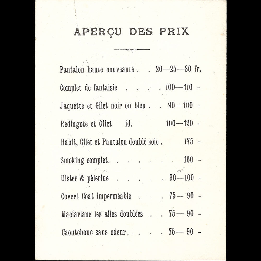 The English Tailoring Company - Carte du tailleur, 72 boulevard Haussmann à Paris (1896)