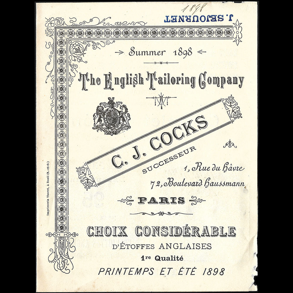 The English Tailoring Company - Carte du tailleur, 72 boulevard Haussmann à Paris (1898)