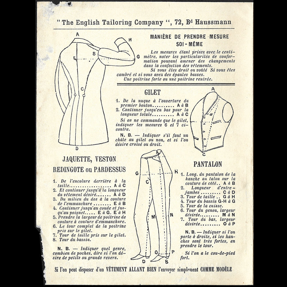The English Tailoring Company - Carte du tailleur, 72 boulevard Haussmann à Paris (1898)