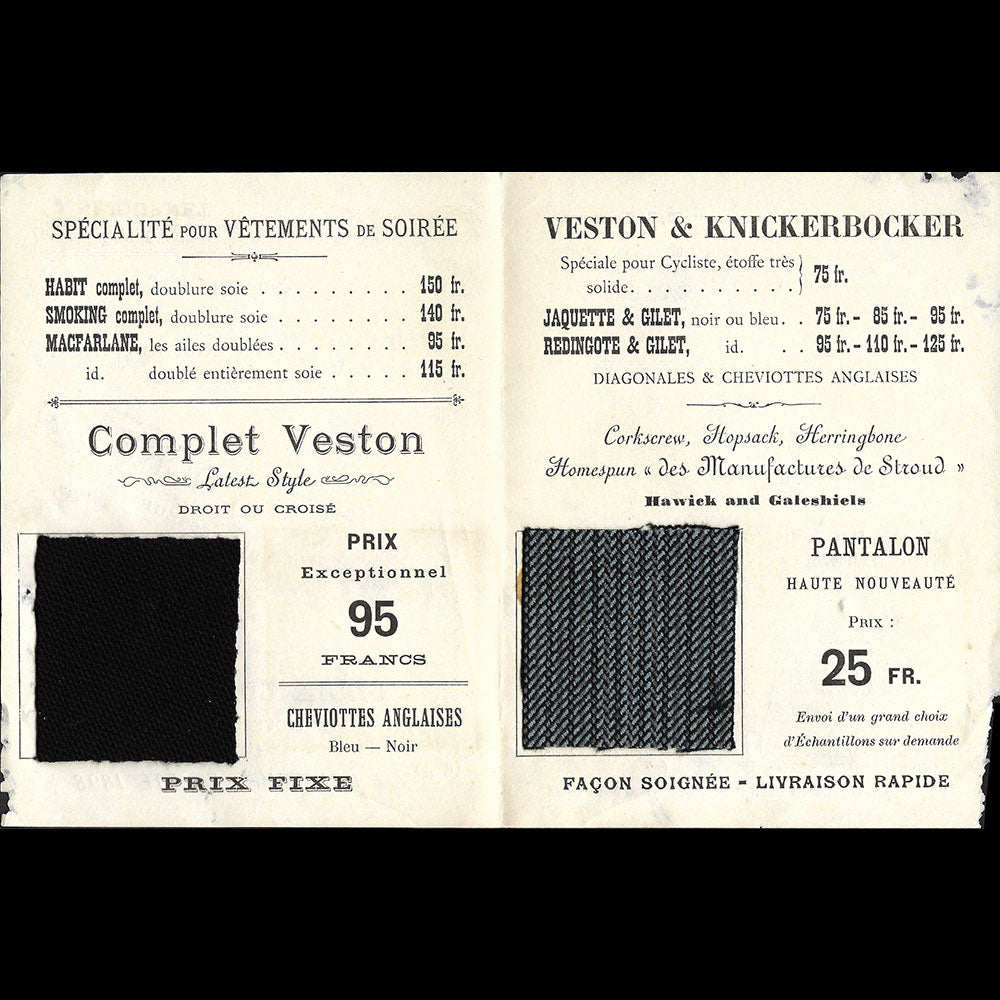 The English Tailoring Company - Carte du tailleur, 72 boulevard Haussmann à Paris (1898)