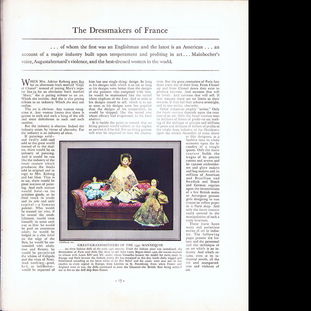 Fortune - The French Dressmakers : Vionnet, Chanel, Poiret, Lanvin, etc. (1932, août)