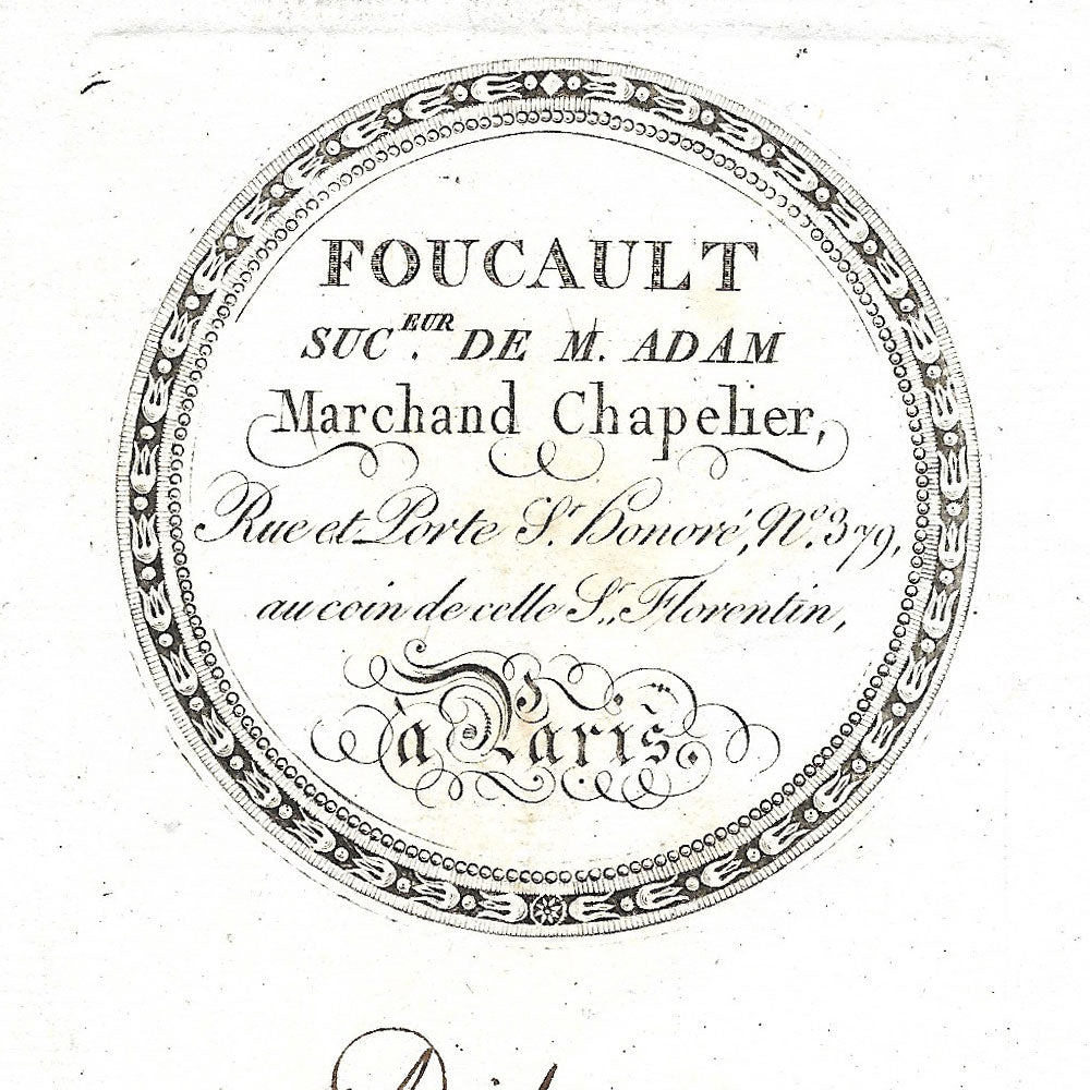 Foucault - Facture du chapelier, 379 rue et porte St-Honoré à Paris (1820)