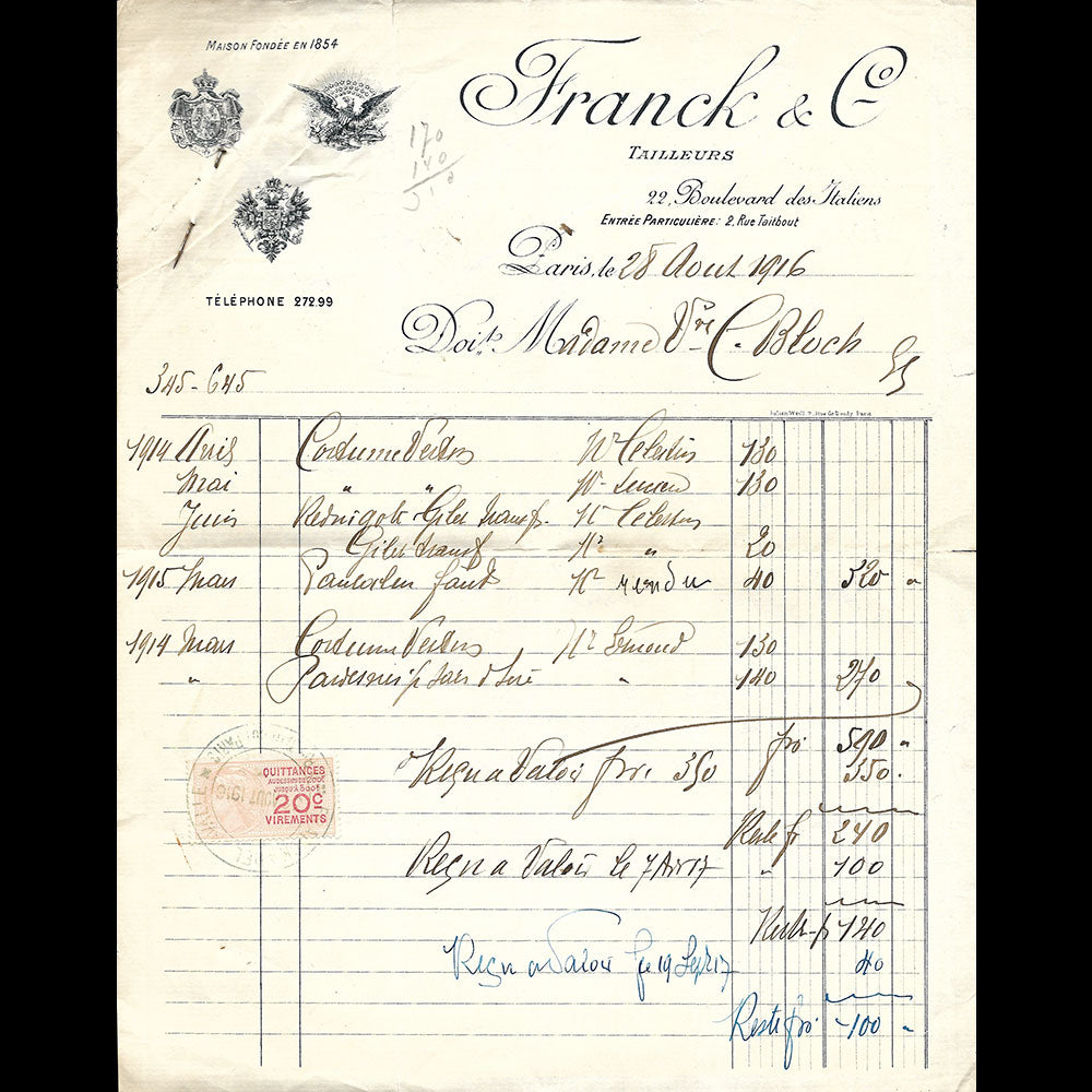 Franck & Co - Facture du tailleur, 22 boulevard des Italiens à Paris (1916)