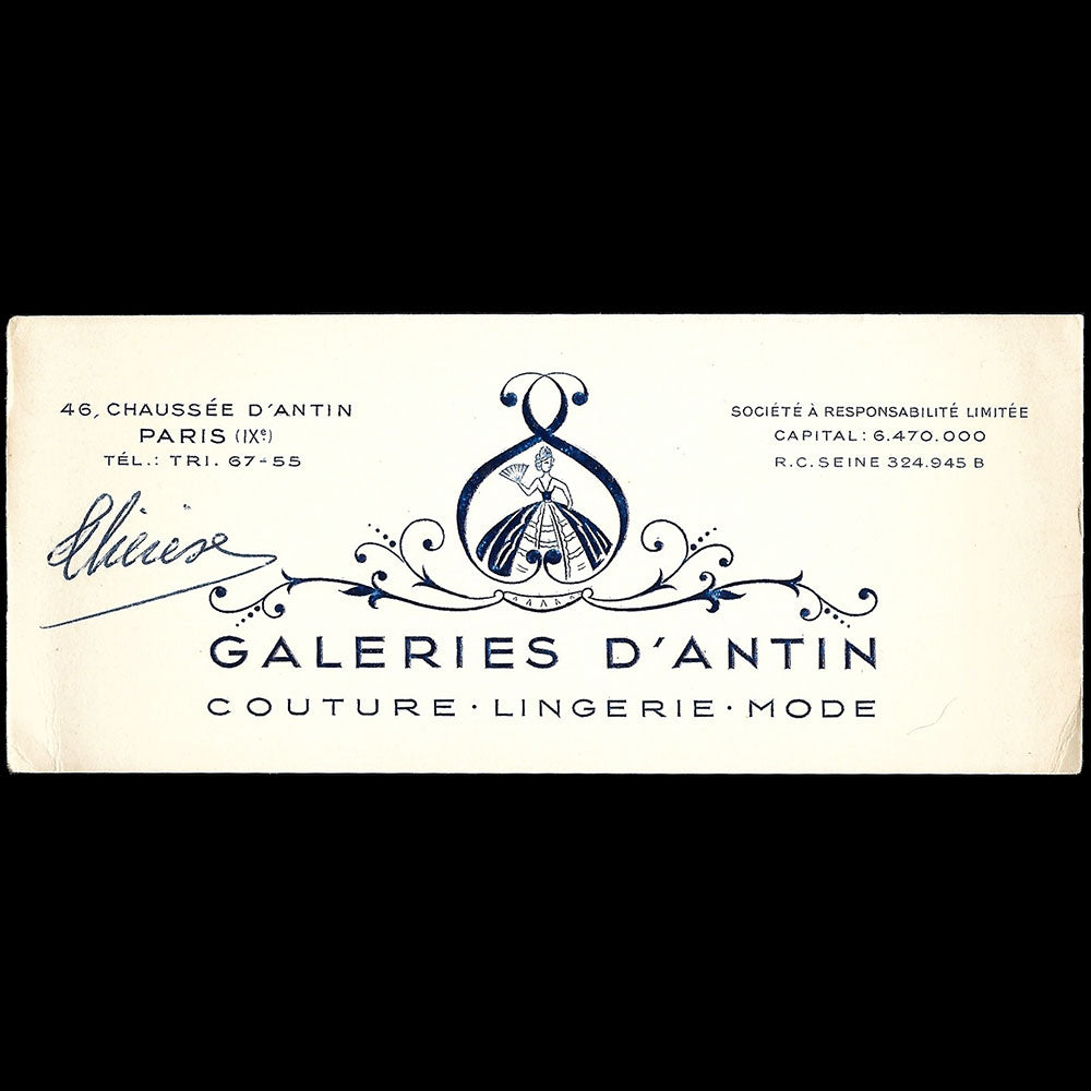 Galeries d'Antin - Carte de la maison de couture, lingerie et mode, 46 Chaussée d'Antin à Paris (1940-1950s)