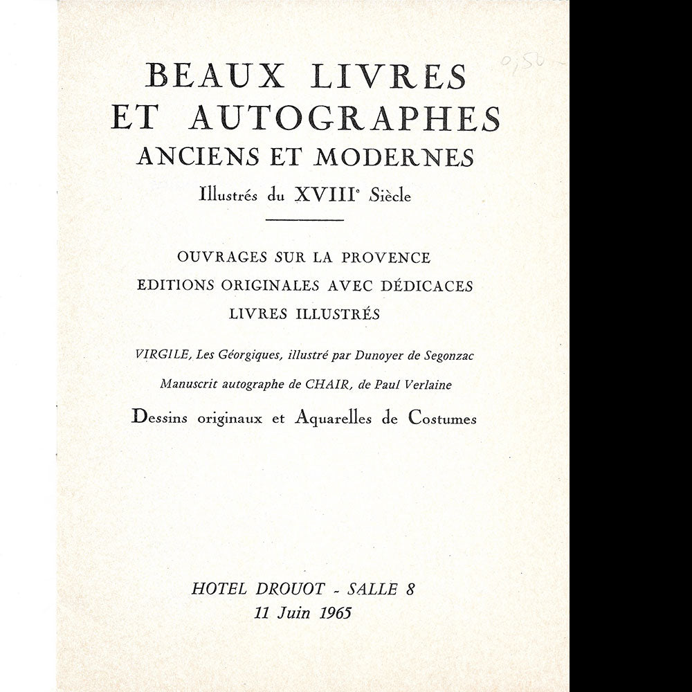 Beaux Livres et Autographes, Dessins originaux et Aquarelles de Costumes - Catalogue de vente (1965)