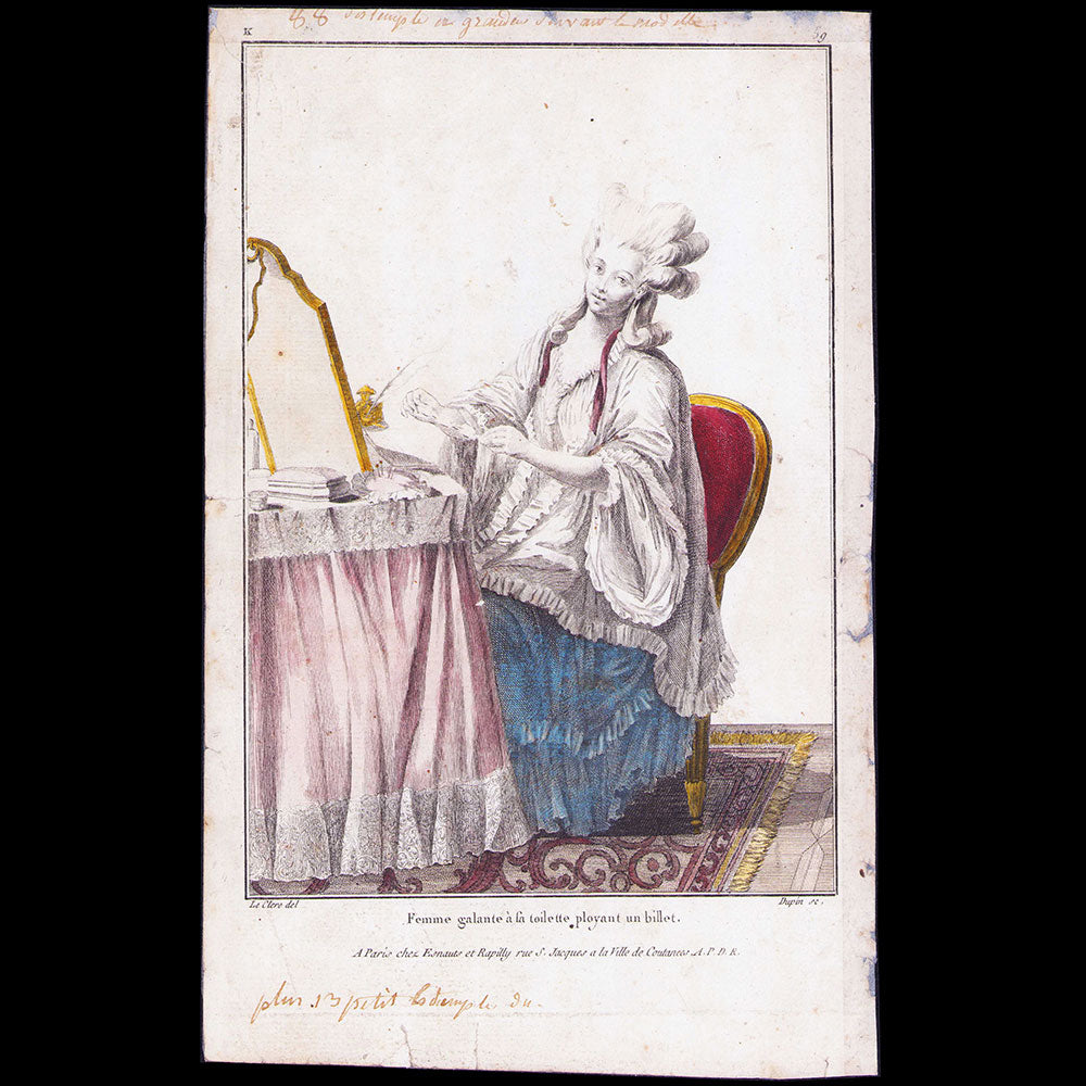 Gallerie des Modes et Costumes Français, 1778-1787, gravure n° K 59, Femme galante à sa Toilette (1778)