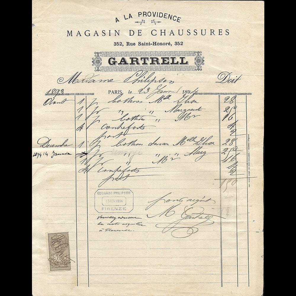 Gartrell - Facture du magasin de chaussures, A la Providence, 352 rue Saint-Honoré à Paris (1894)