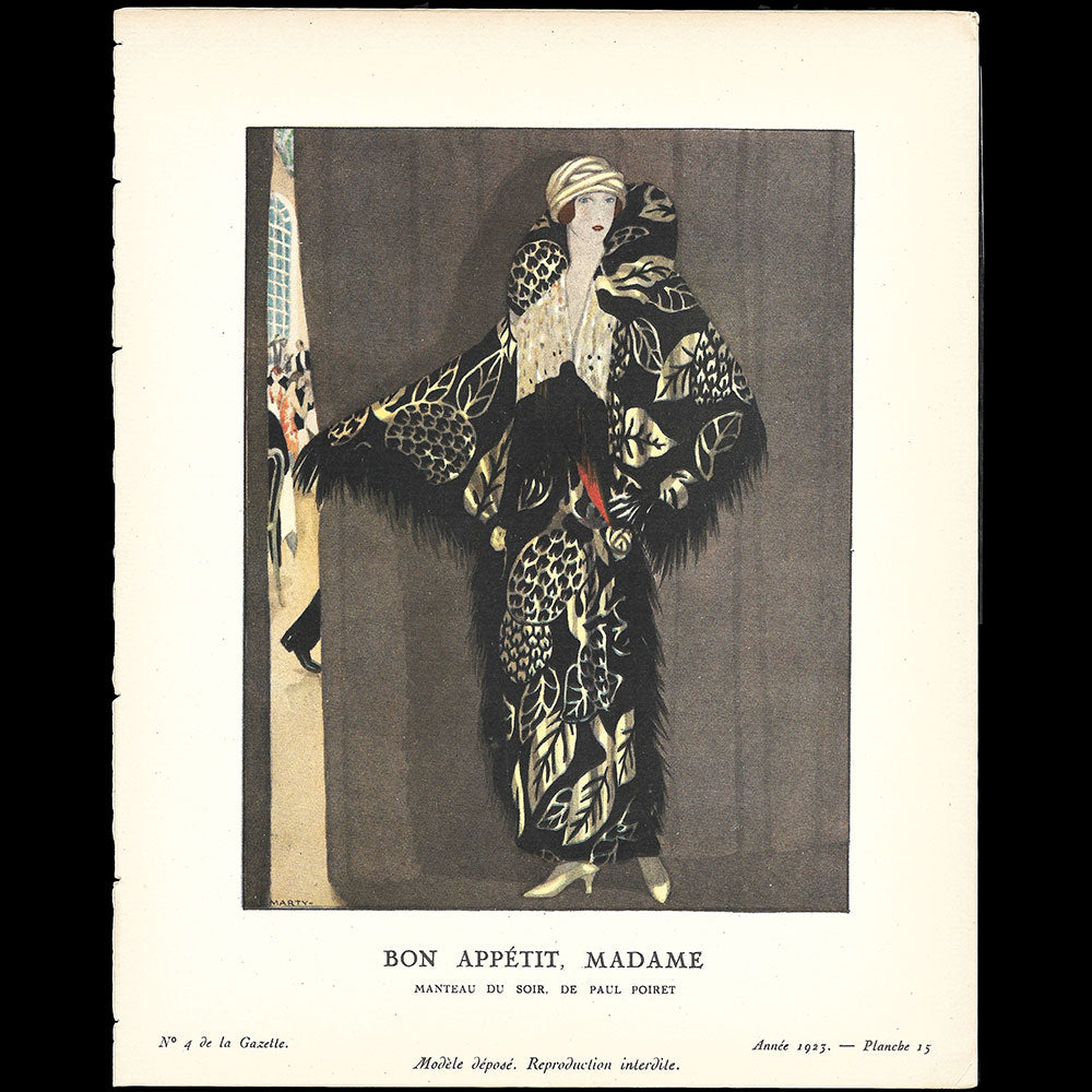 Gazette du Bon Ton - Bon Appétit, Madame, manteau du soir de Poiret, planche de Marty (n°4, 1923)