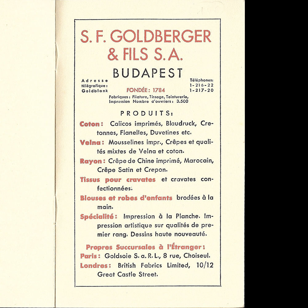 S.F. Goldberger & Fils Budapest - Présentation de la maison de tissus (circa 1937)