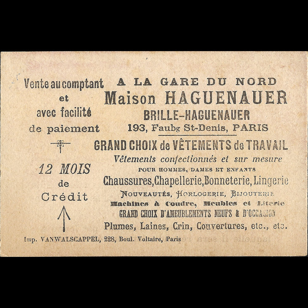 Haguenauer- Carte de la maison de vêtements de travail, A la Gare du Nord, 193 Faubourg Saint-Denis à Paris (1896)
