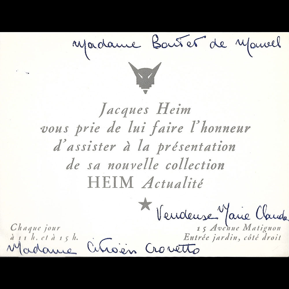 Jacques Heim - Carton d'invitation de la maison de couture, 15 avenue Montaigne à Paris (1950s)