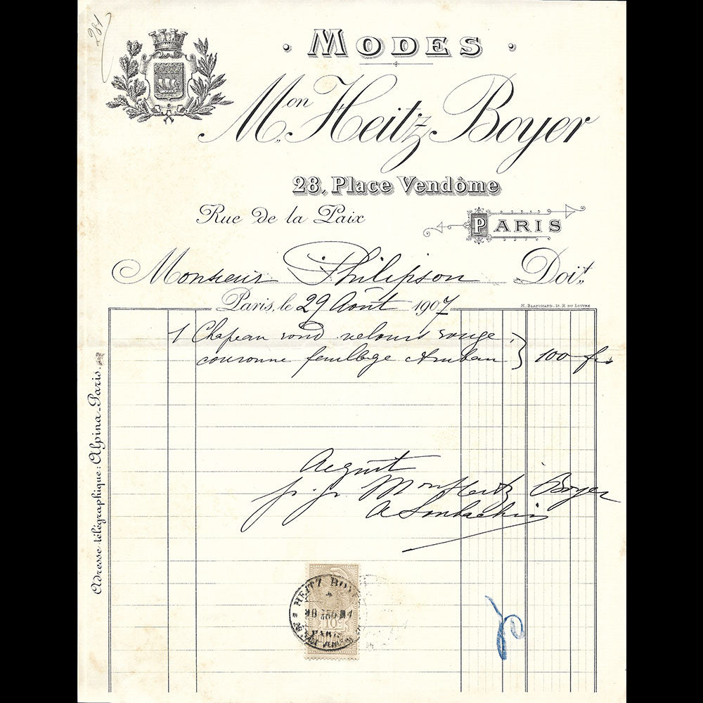 Heitz-Boyer - Facture de la maison de modes, 28 place Vendôme à Paris (1907)