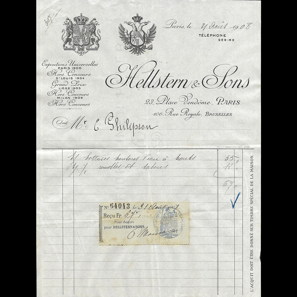 Hellstern and sons - Facture de la maison de chaussures, 23 place Vendôme à Paris (1908)