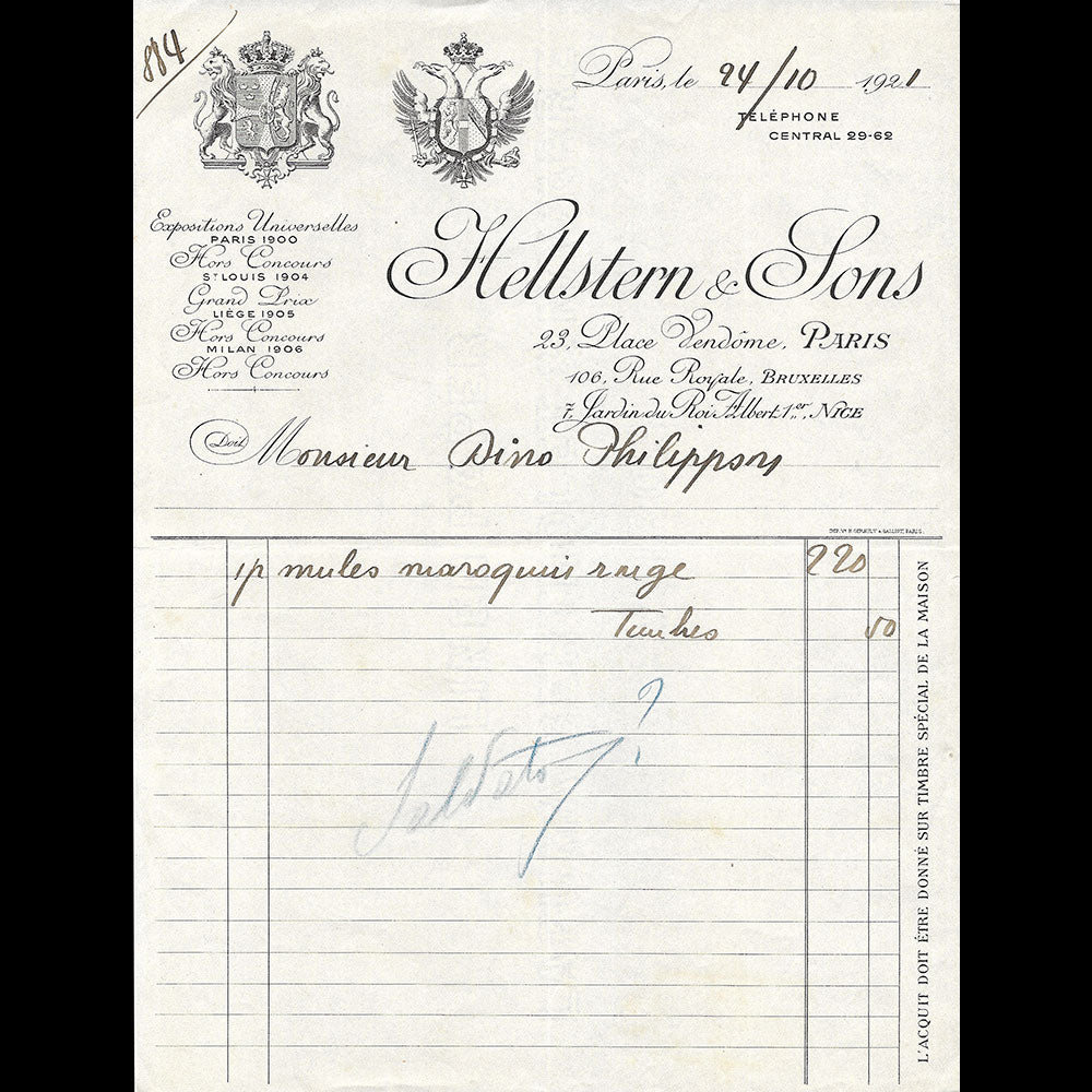Hellstern and sons - Facture de la maison de chaussures, 23 place Vendôme à Paris (1921)