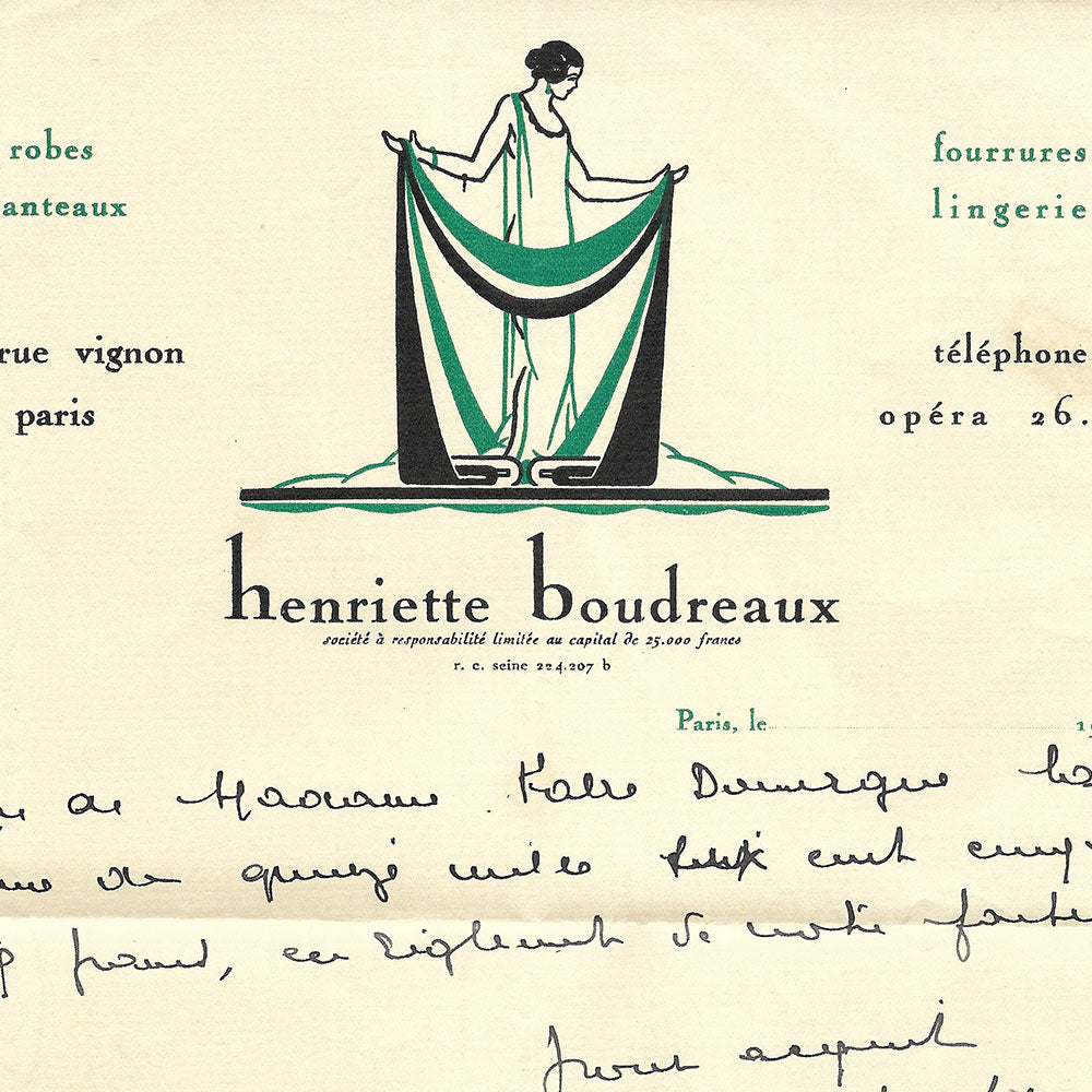 Henriette Boudreaux - Facture de la maison de couture, 20 rue Vignon à Paris (1922)