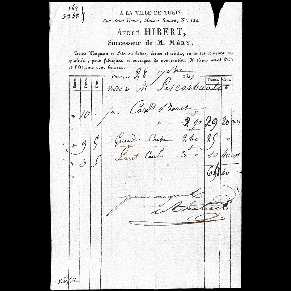 André Hibert - Facture du magasin de soies, A la Ville de Turin, 124 rue Saint-Denis à Paris (1821)