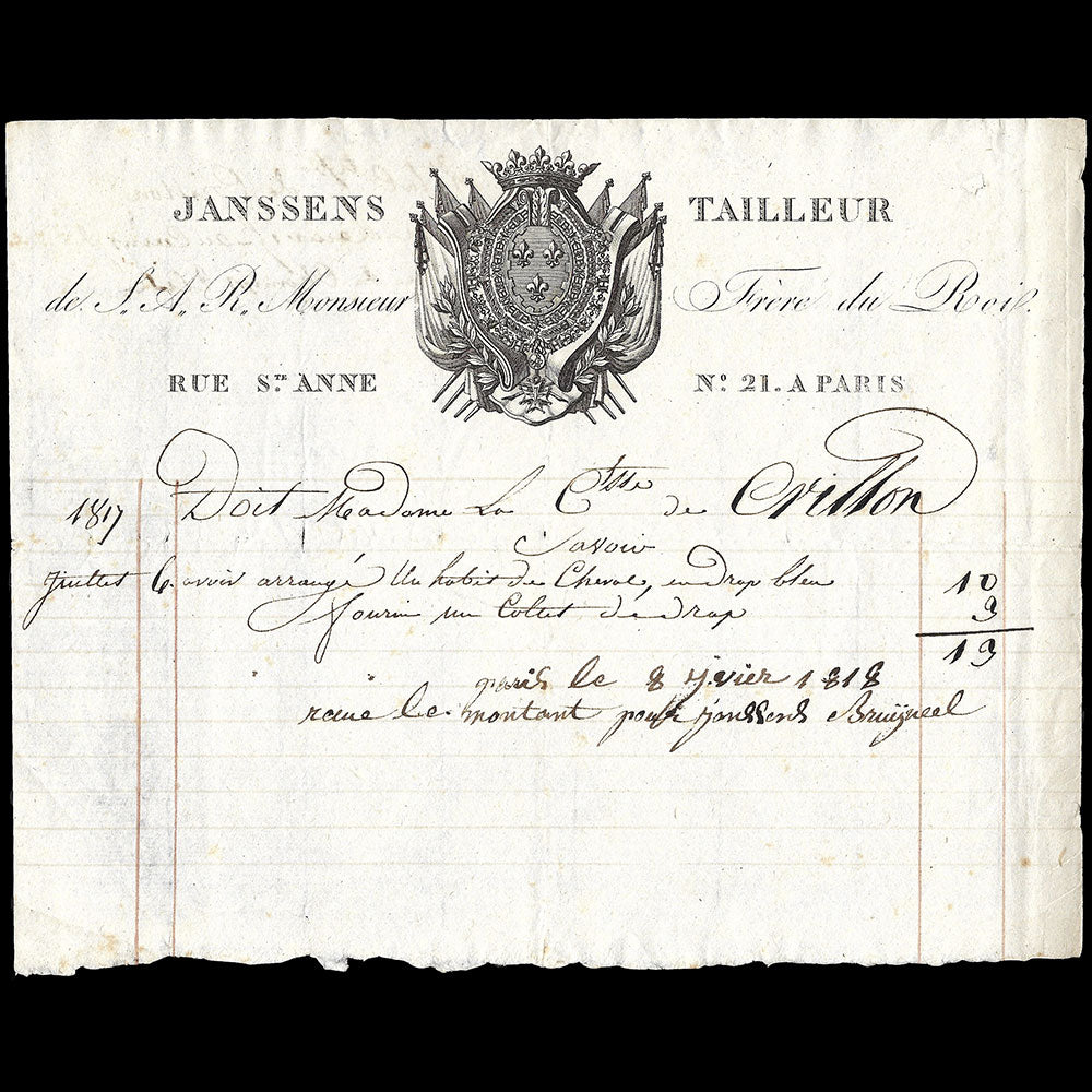 Janssens - Facture du tailleur, 21 rue Saint-Anne à Paris (1818)
