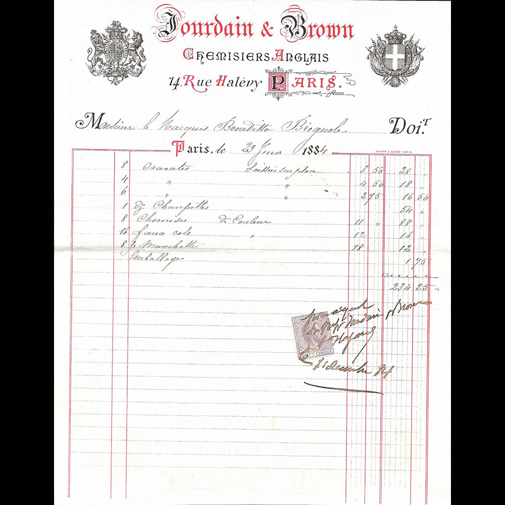 Jourdain & Brown - Facture des chemisiers anglais, 14 rue Halévy à Paris (1887)