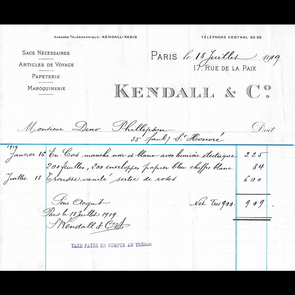 Kendall - Facture de la maison de maroquinerie et de voyage, 17 rue de la Paix à Paris (1919)