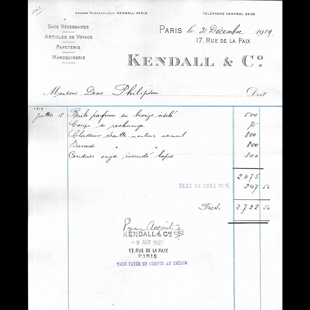 Kendall - Facture de la maison de maroquinerie et de voyage, 17 rue de la Paix à Paris (1919)