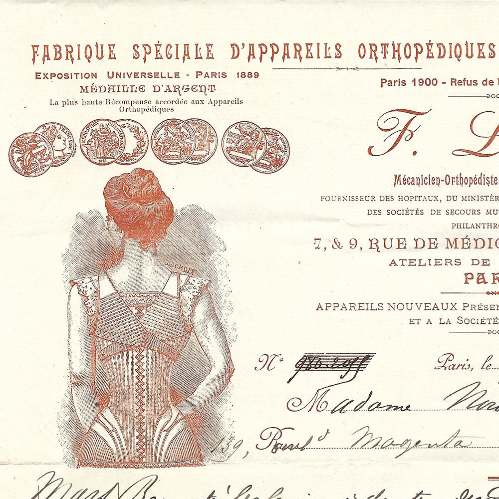 F. Lacroix - Facture de la fabrique d'appareils orthopédiques et chirurgicaux, 7 & 9 rue de Medicis à Paris (1909)