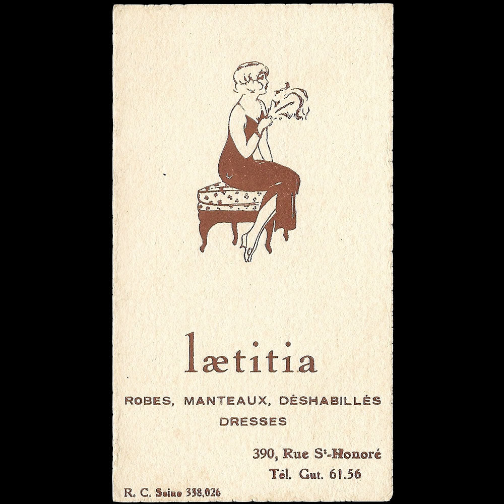 Laetitia - Carte de la maison de robes, manteaux, déshabillés, 390 rue Saint-Honoré à Paris (1920s)