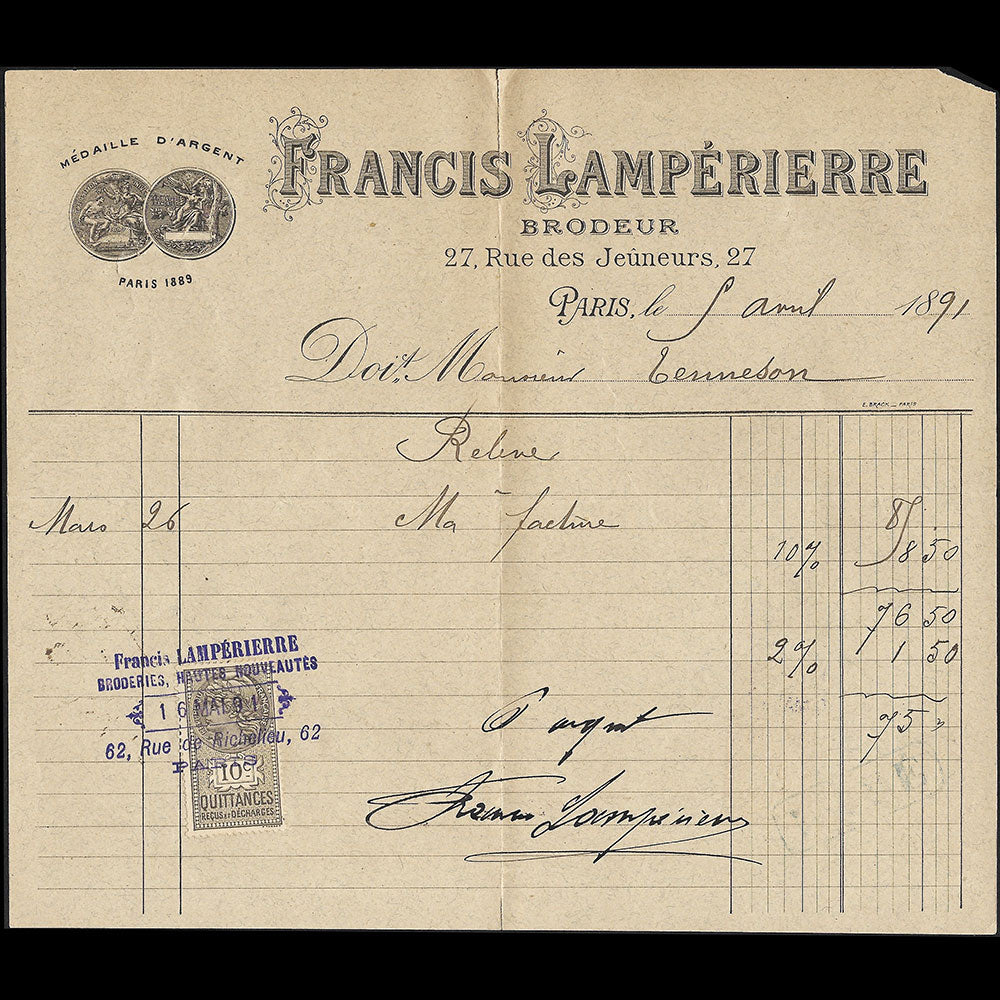 Francis Lemperierre - Facture du brodeur, 27 rue des Jeuneurs à Paris (1891)