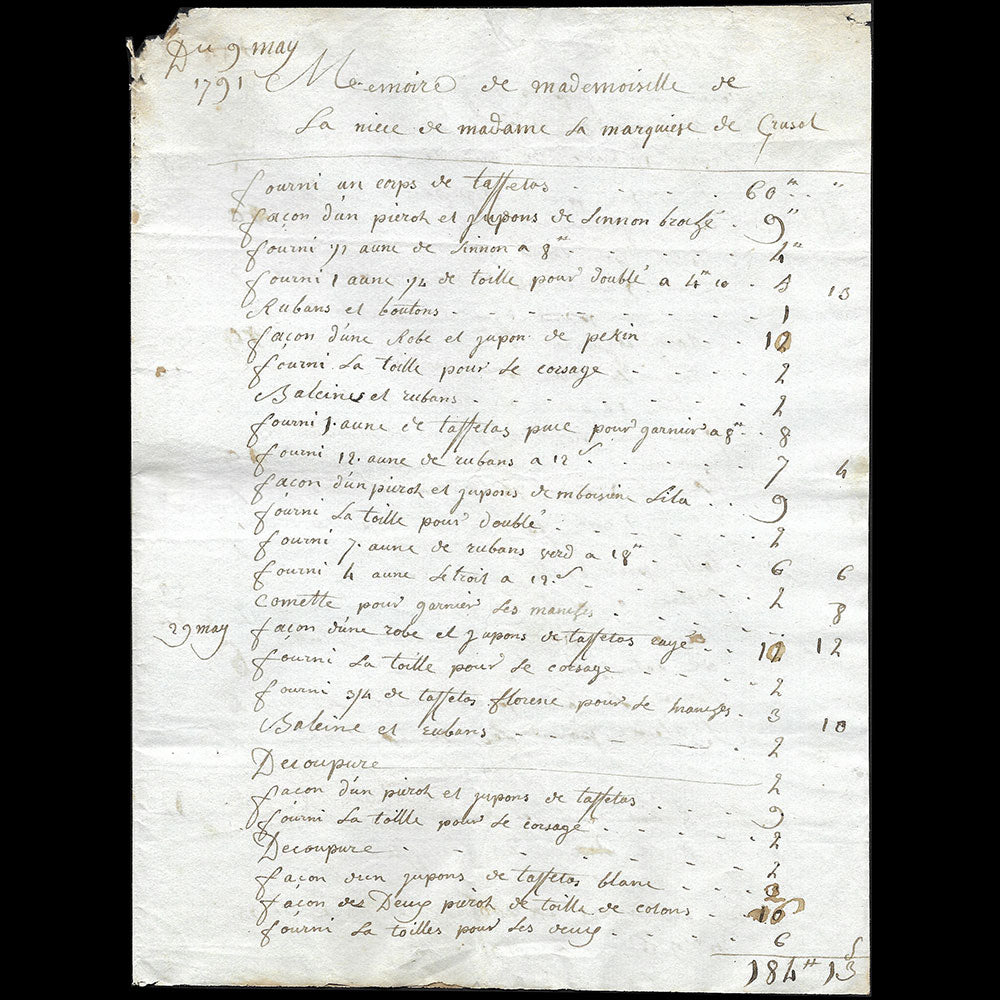 Le Roy - Mémoire du couturier en robes, 26 rue Pavée Saint-Sauveur à Paris (1791)