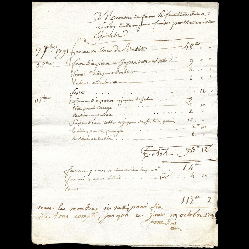 Le Roy - Mémoire du couturier en robes, 26 rue Pavée Saint-Sauveur à Paris (1791)