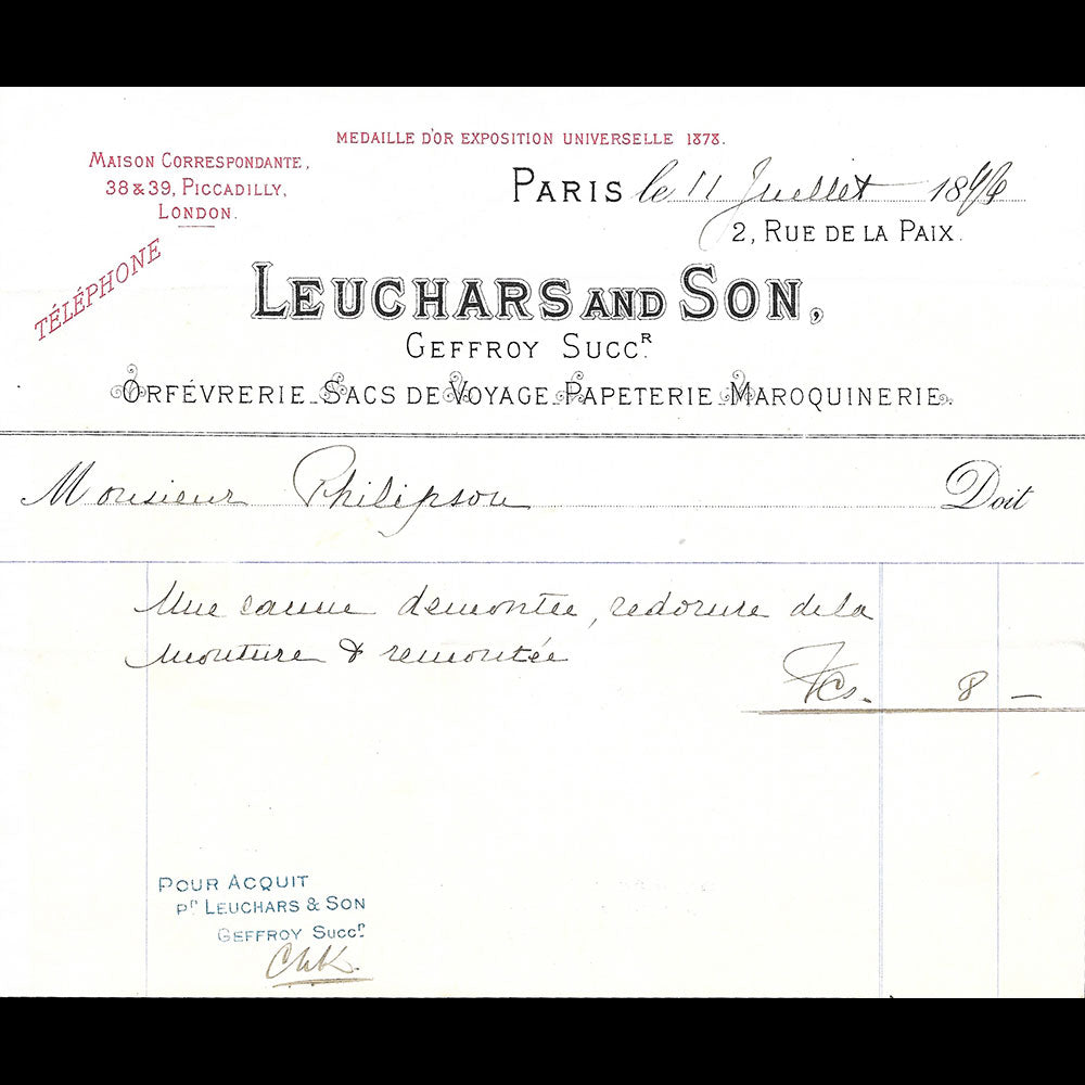 Leuchars and Son - Facture de la maison 2 rue de la Paix à Paris (1894)