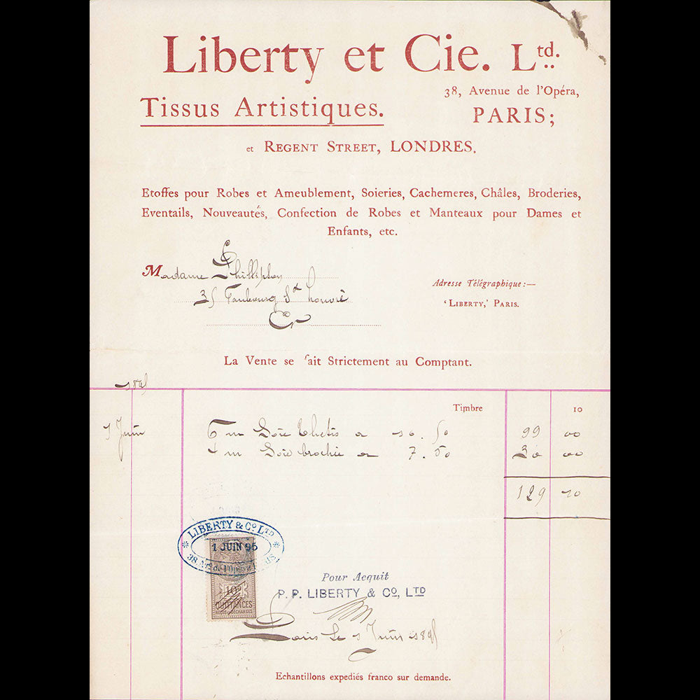 Liberty et Cie - Facture de la maison de tissus, 38 avenue de l'Opéra à Paris (1895)