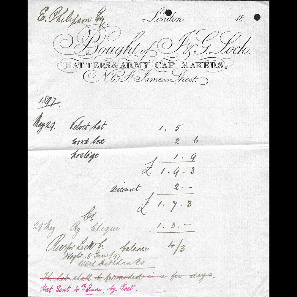 J. & G. Lock  - Facture de la maison de chapellerie, 6 St James Street, London (1897)