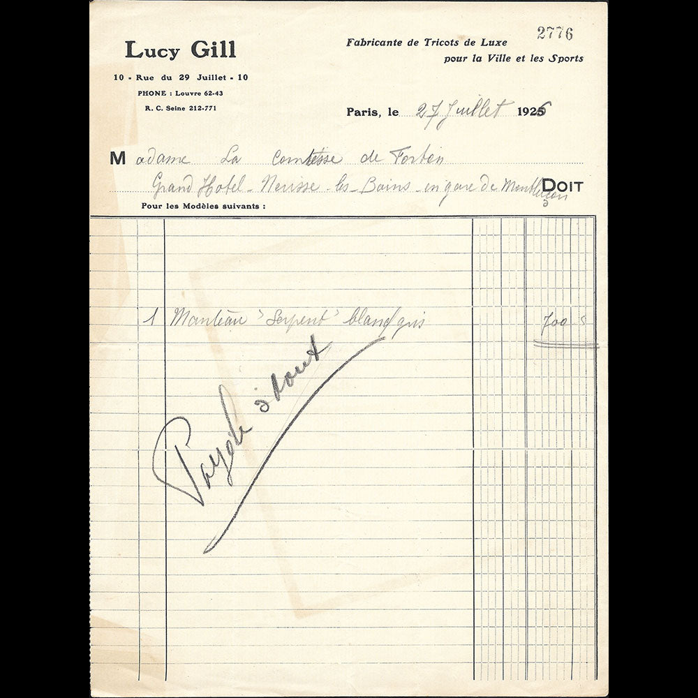 Lucy Gill - Facture de la maison de couture sport, 213 rue Saint-Honoré à Paris (1926)