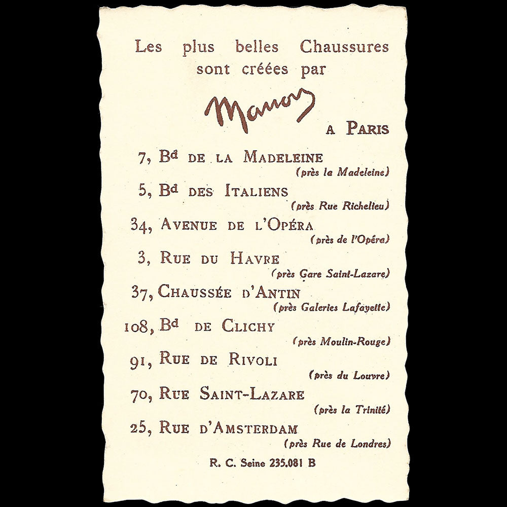 Manon - Carte de la maison de chaussures, 7 boulevard de la Madeleine à Paris (1920s)